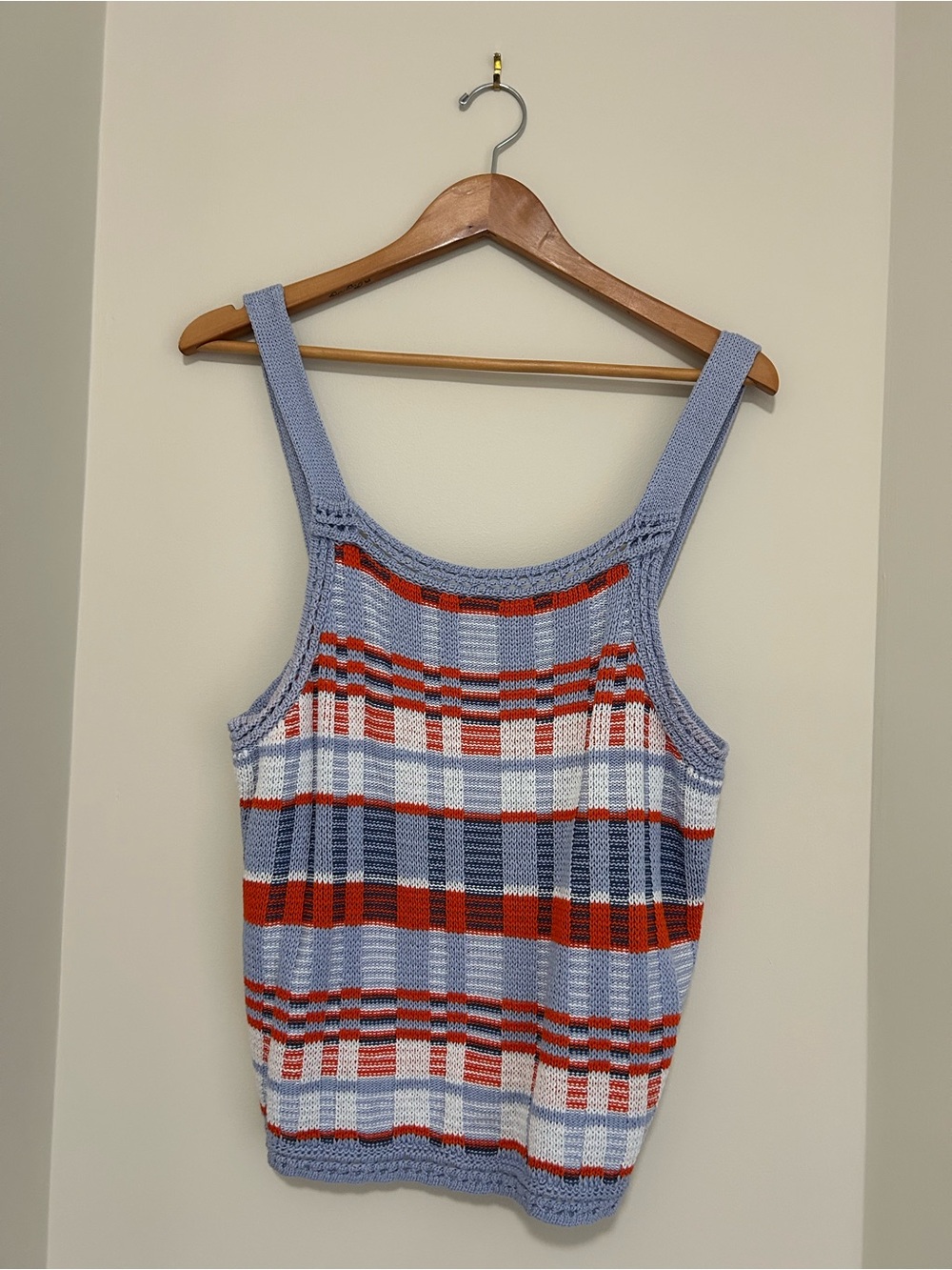 Light Blue Plaid Knit Tank Top - Women's Casual Summer Top